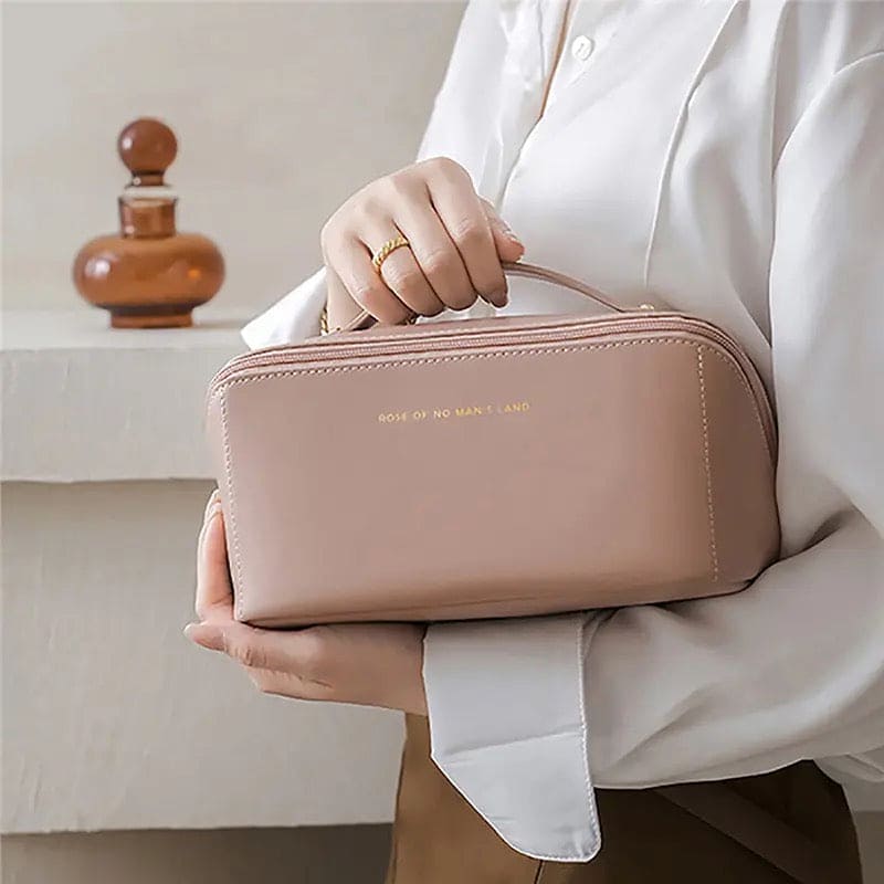 Classy Cosmetic Bag, Portable Leather Makeup Pouch, Waterproof Travel Washbag, Large Opening Makeup Bag, Multifunctional Leather Organizer Bag With Dividers And Handle, Lay Flat Large Opening Makeup Bag Classy Cosmetic Bag, Portable Leather Makeup Pouch, Waterproof Travel Washbag, Large Opening Makeup Bag, Multifunctional Leather Organizer Bag With Dividers And Handle, Lay Flat Large Opening Makeup Bag